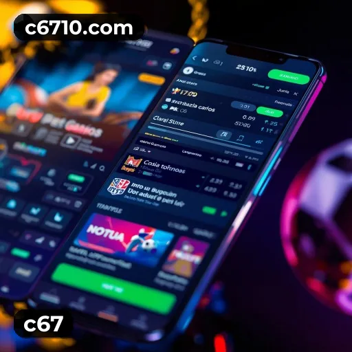 App c67 para iOS e Android — interface mobile, login biométrico e PIX integrado