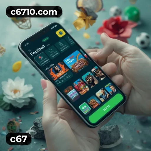 App c67 para iOS e Android — interface mobile, login biométrico e PIX integrado
